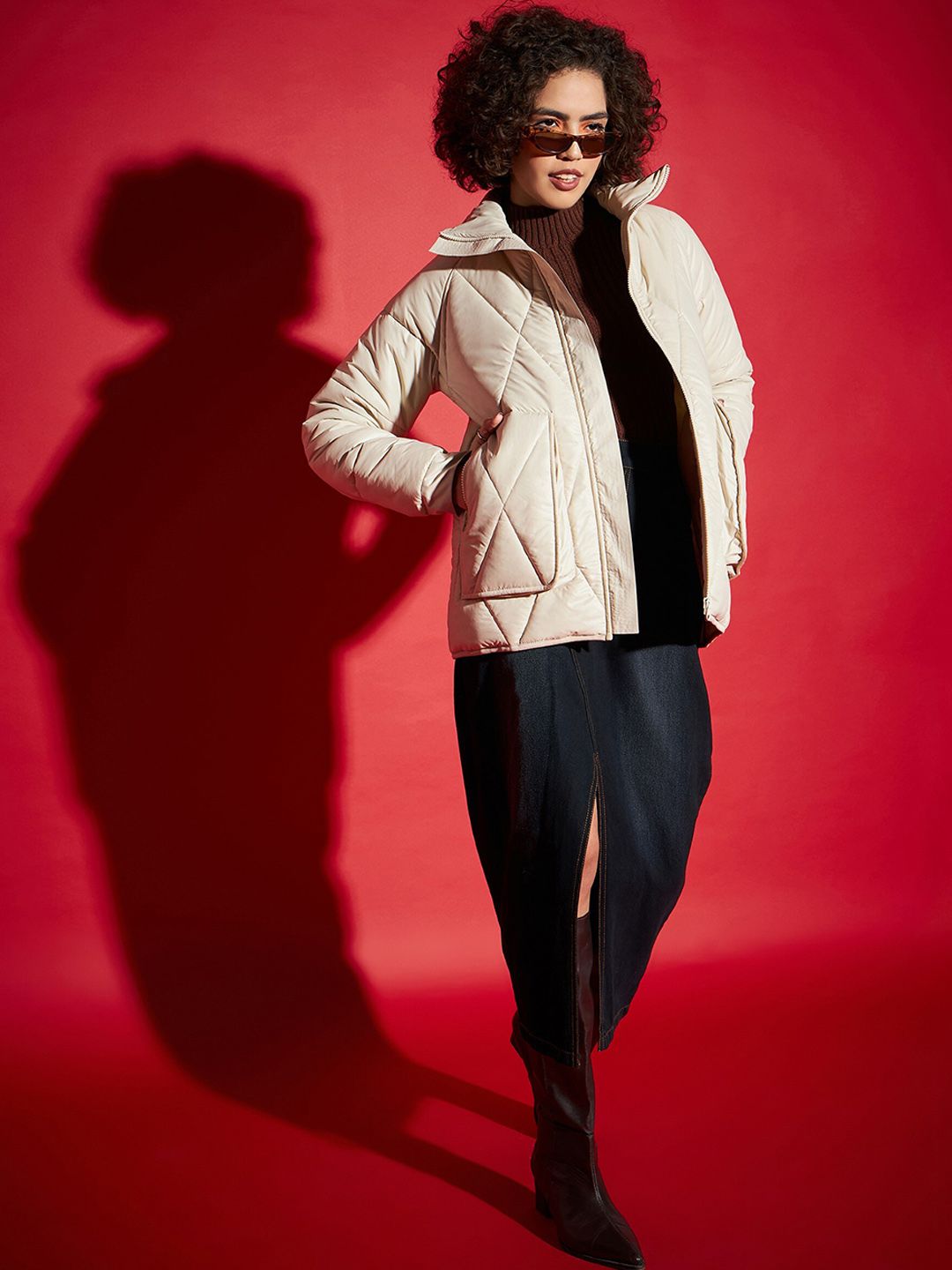 SASSAFRAS Beige Mock Collar Long Sleeves Quilted Jacket