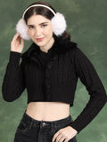Tokyo Talkies Black Cable Knit Lapel Collar Acrylic Crop Cardigan