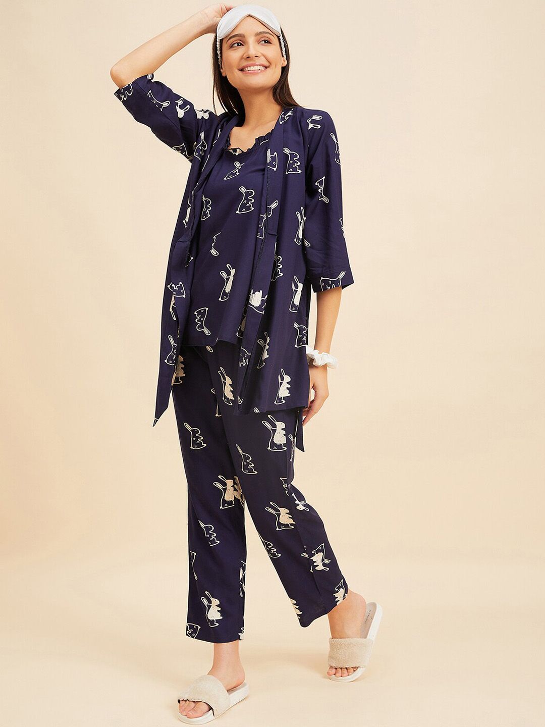 Sweet Dreams 3 Piece Navy Blue & White Conversational Printed Night suit