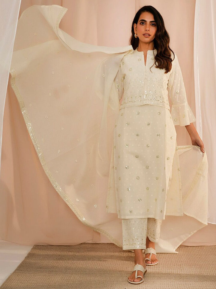 Libas Floral Embroidered Regular Sequinned Pure Cotton Kurta With Trousers & Dupatta