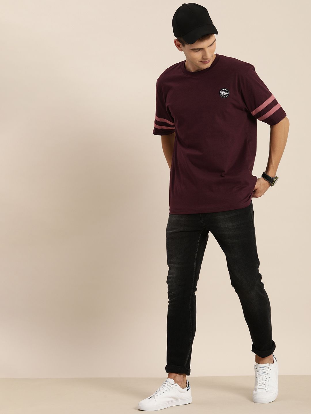 Difference of Opinion Men Burgundy Round Neck Extended Sleeves T-shirt