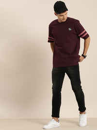 Difference of Opinion Men Burgundy Round Neck Extended Sleeves T-shirt