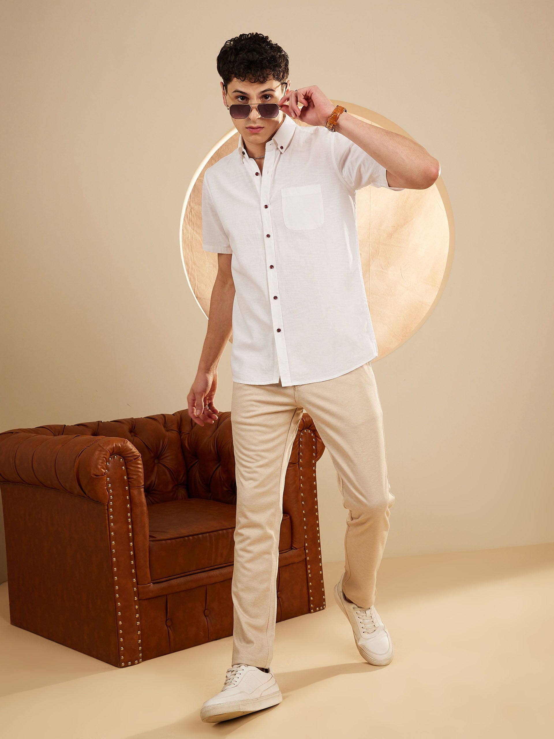 DENNISON Men White Smart Slim Fit Solid Cotton Linen Casual Shirt