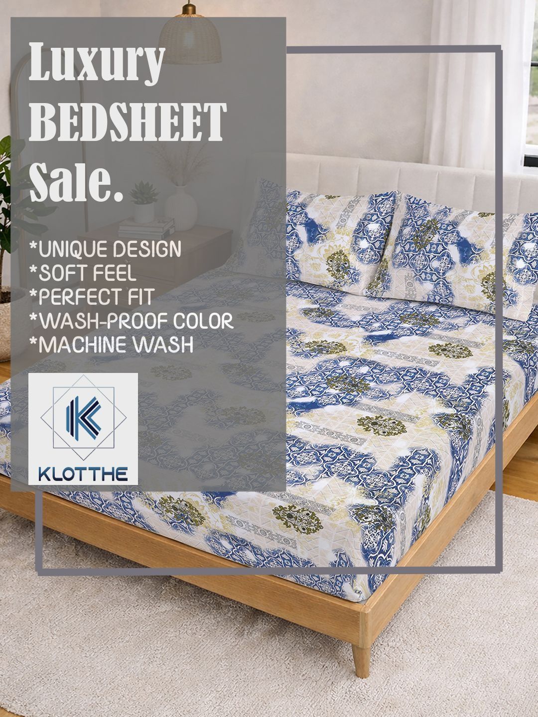 KLOTTHE Blue Geometric Printed Dilengkapi Cadar Katil Super King 400TC Dengan 2 Sarung Bantal