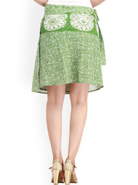 Exotic India Pure Cotton Block Printed Stone Green Wrap-Around Mini-Skirt