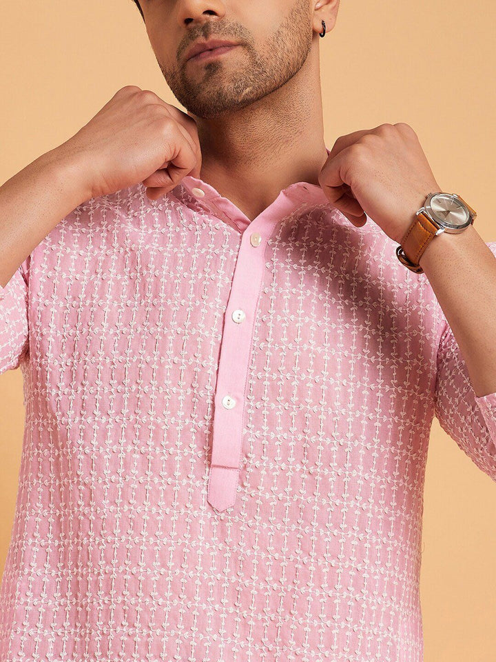 SOJANYA Mandarin Collar Ethnic Motifs Embroidered Thread Work Pure Cotton Kurta