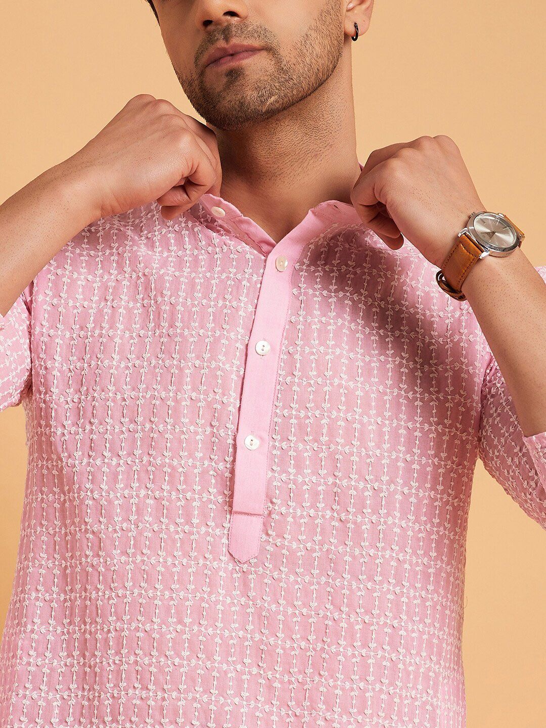 SOJANYA Mandarin Collar Ethnic Motifs Embroidered Thread Work Pure Cotton Kurta