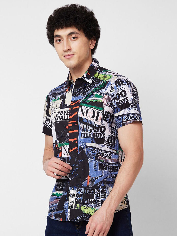 SPYKAR Spread Collar Short Sleeves Graphic Printed Cotton Casual Shirt