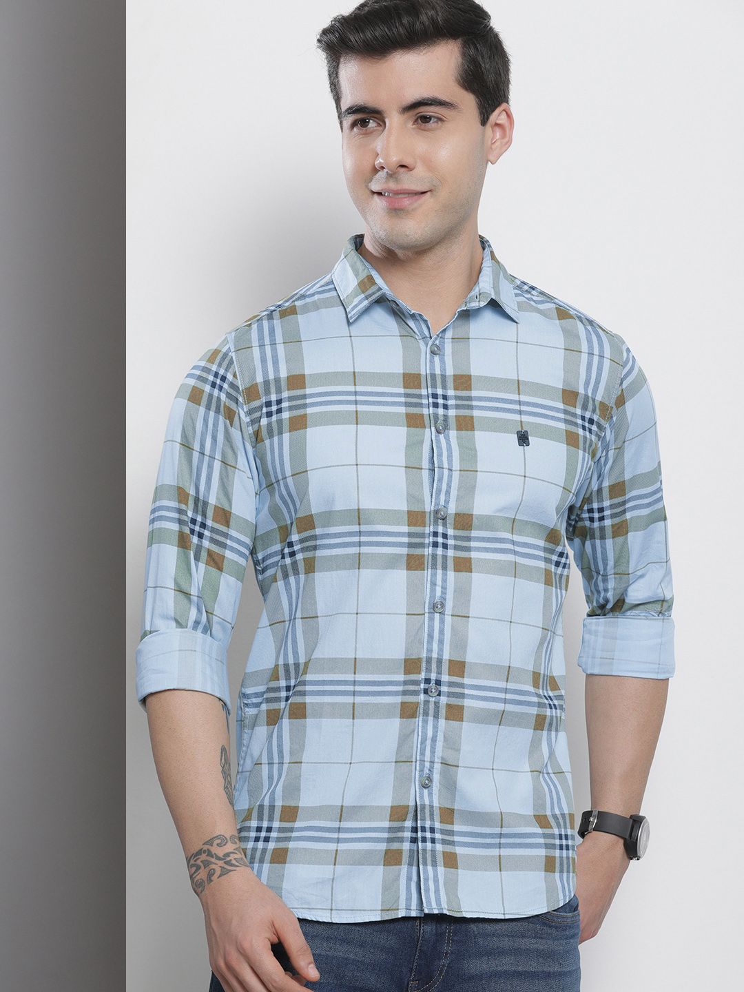 The Indian Garage Co Men Blue & Mustard Brown Checked Pure Cotton Casual Shirt