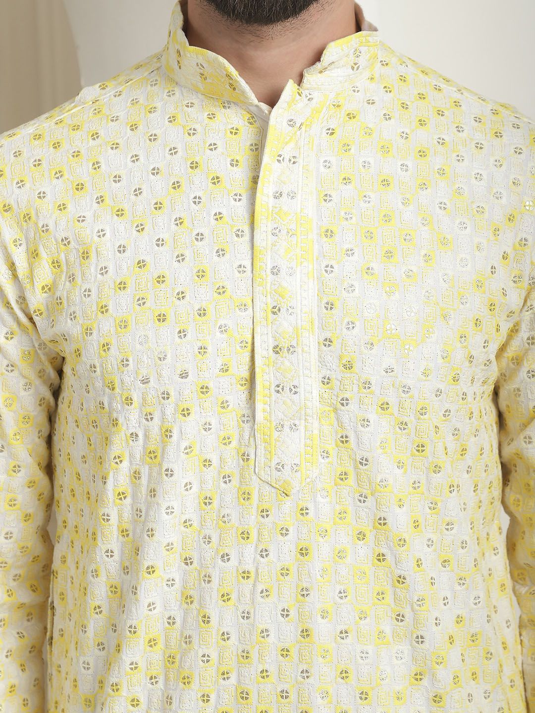 SOJANYA Geometric Embroidered Mandarin Collar Sequined Pure Cotton Straight Kurta