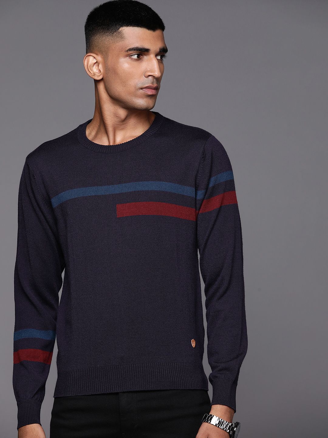 Raymond Men Navy Blue Striped Pullover