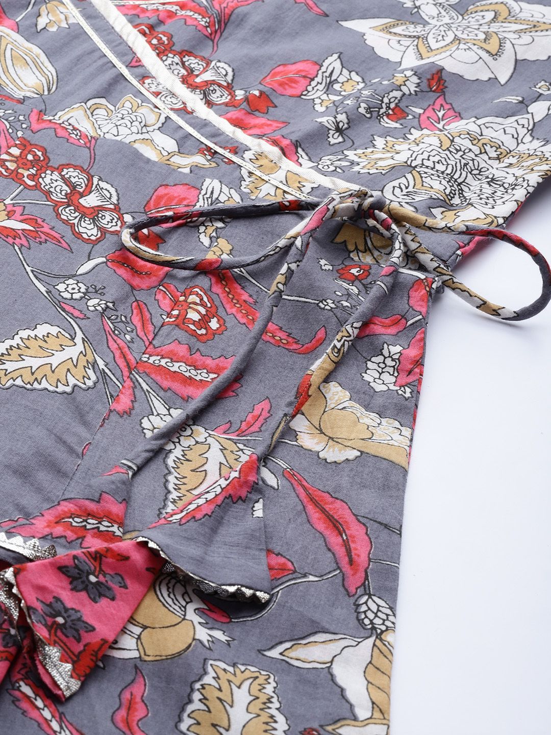 Varanga Women Grey & Pink Floral Print Angrakha Gotta Patti Pure Cotton Kurta with Sharara