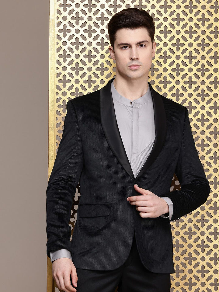 House of Pataudi Red Carpet Line Striped Shawl Collar Single-Breasted Velvet Finish Blazer