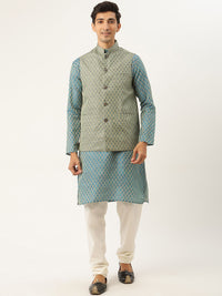 SOJANYA Men Teal Blue & Green Ethnic Motifs Kurta with Churidar & Nehru Jacket