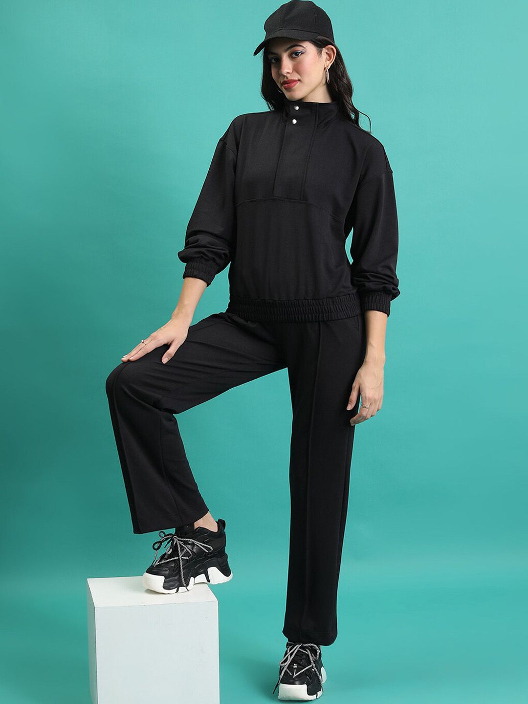 Tokyo Talkies Black Mock Collar Jacket With Mid-Rise Trouser Co-Ords