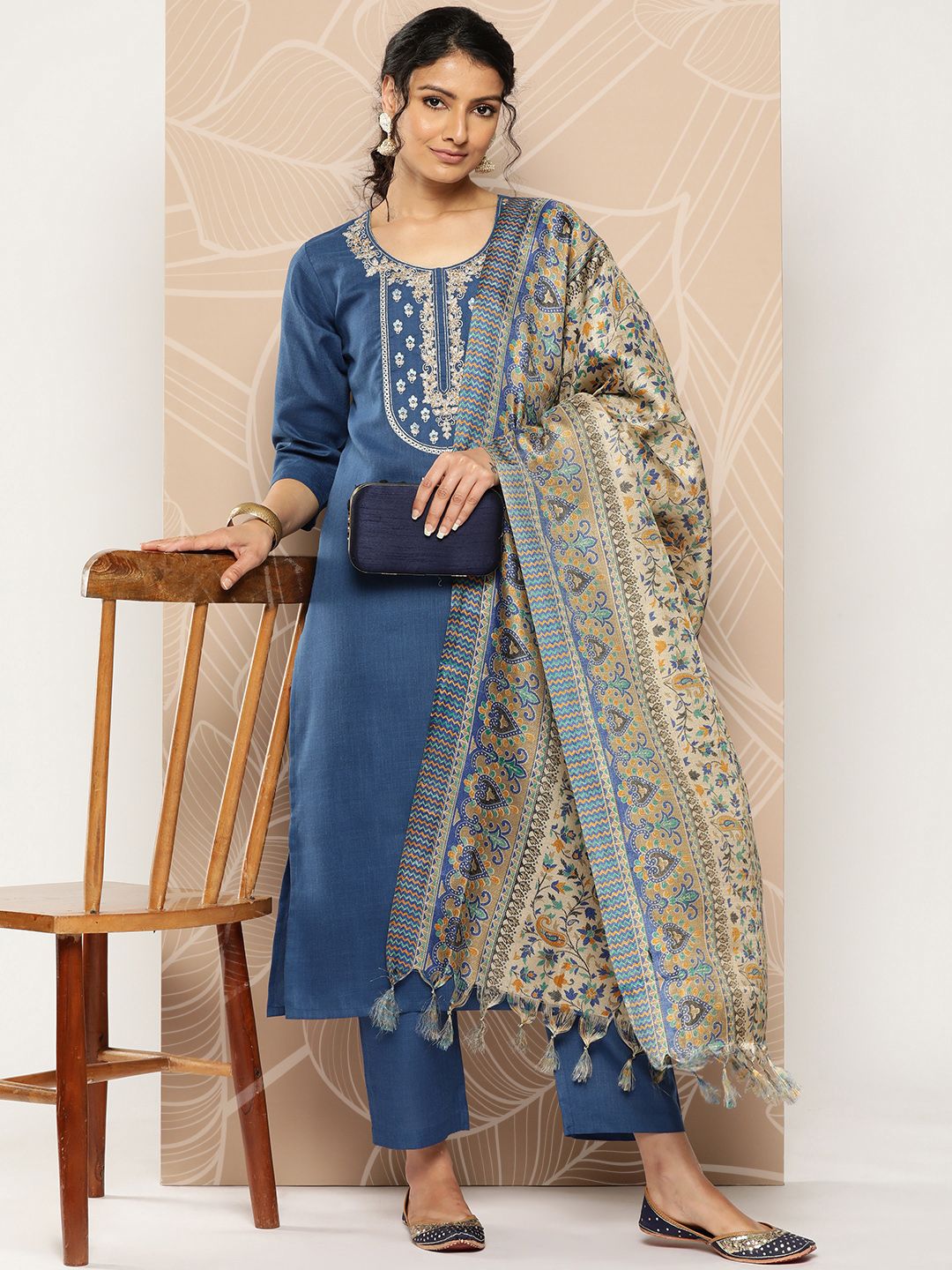 Varanga Blue Yoke Embroidered Kurta with Trouser and Dupatta