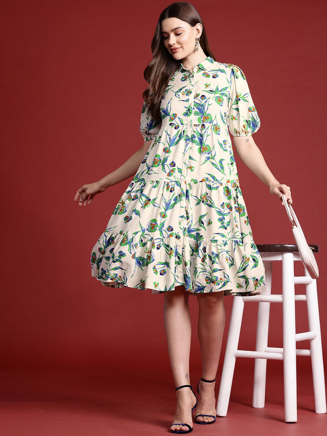 all about you Floral Print Tiered Midi Shirt Dress