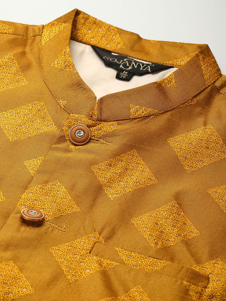 SOJANYA Men Ethnic Motifs Woven Design Silk Blend Kurta & Churidar with Nehru Jacket