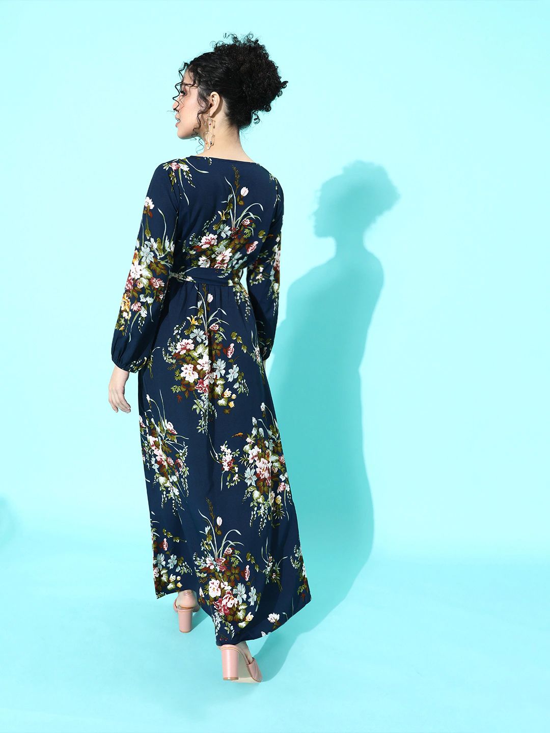 Berrylush Navy Blue Floral Crepe Maxi Dress