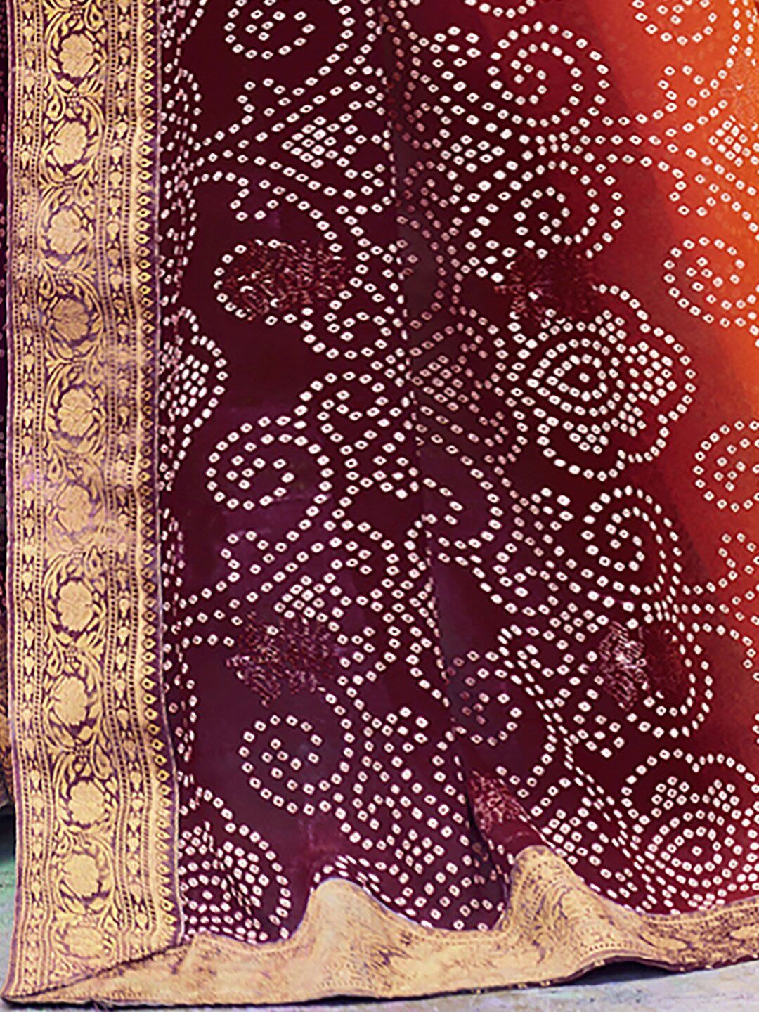 Saree mall Orange & Mauve Bandhani Printed Zari Pure Georgette Saree