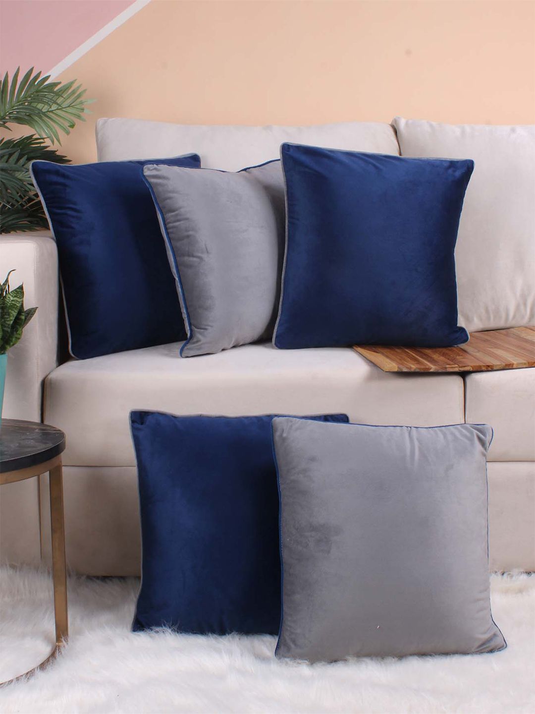 STITCHNEST 5 Pcs Blue & Grey Velvet Square Cushion Covers