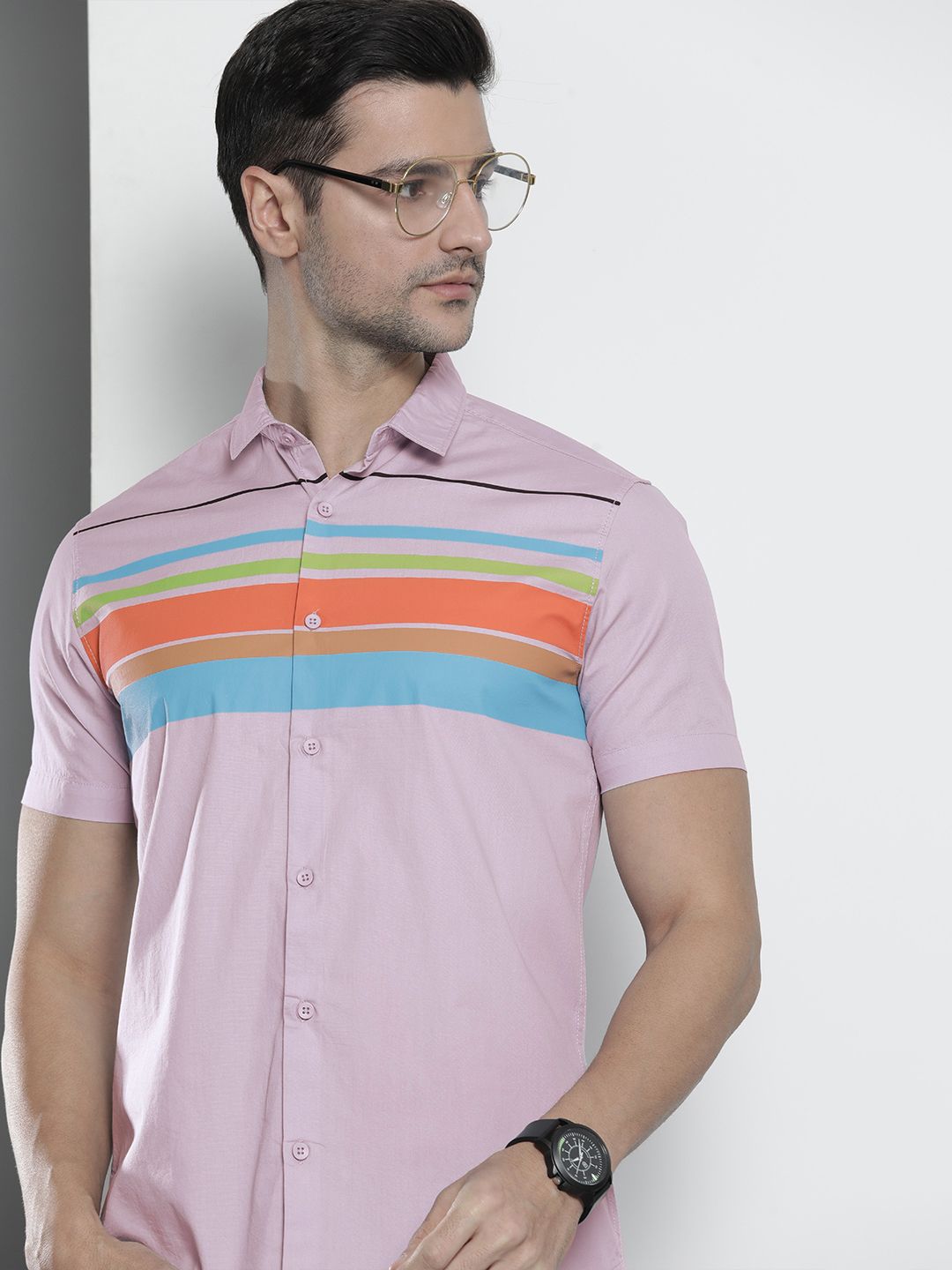 The Indian Garage Co Men Lavender Comfort Horizontal Stripes Cotton Casual Shirt
