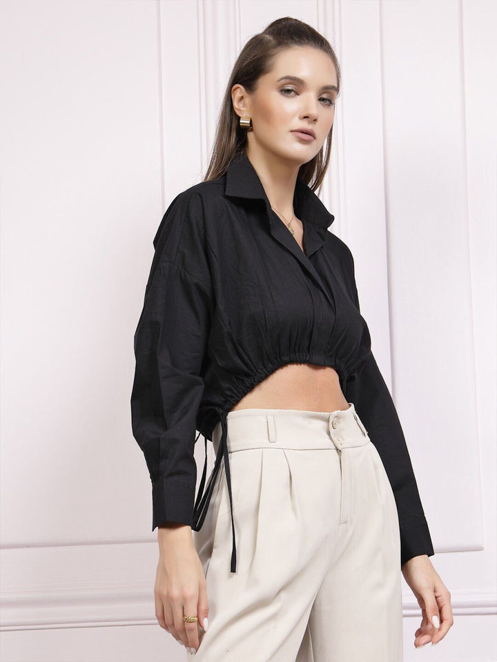 Athena Black Cotton Shirt Style Crop Top