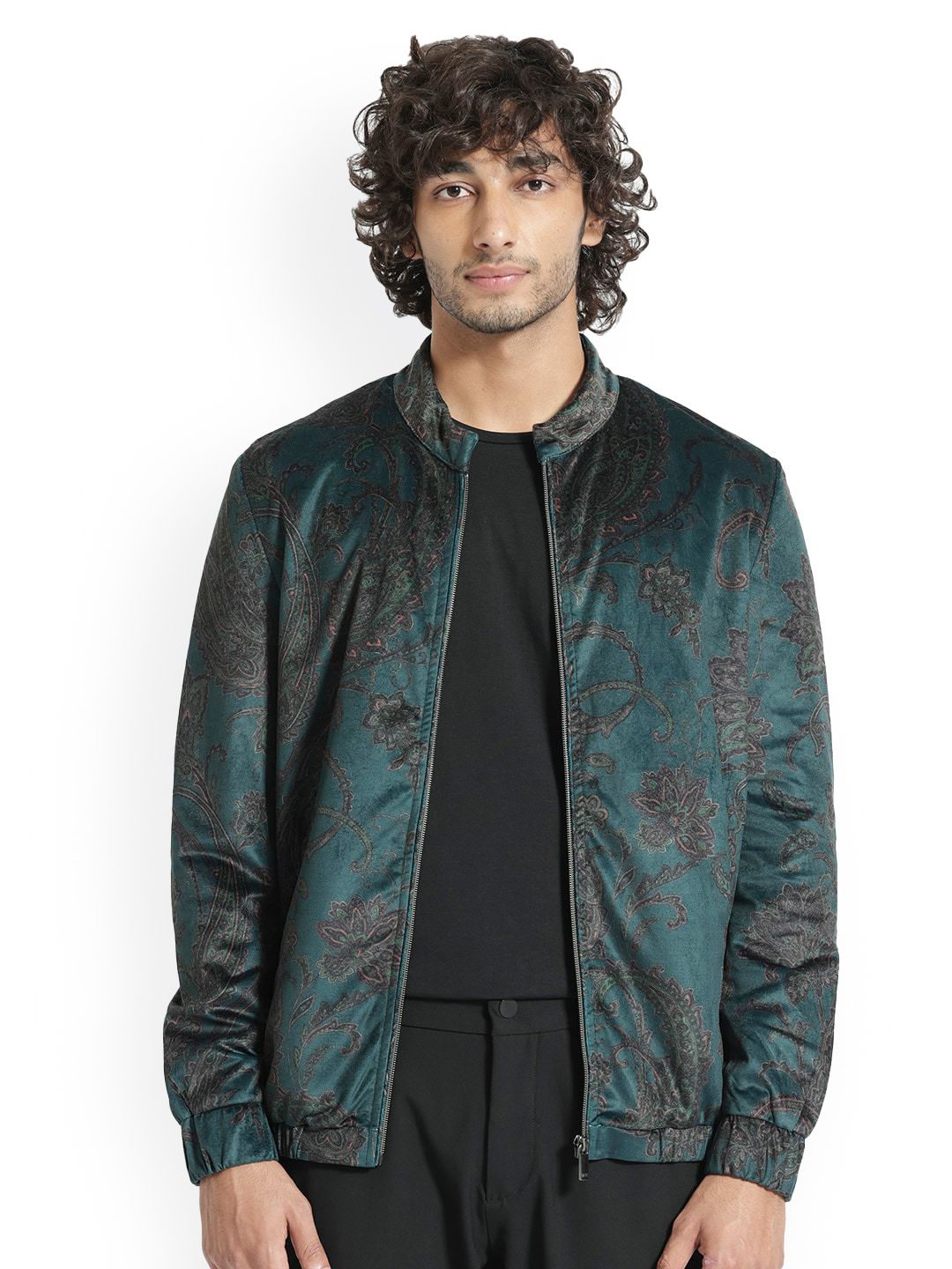 RARE RABBIT Men Dalia Tailored Fit Floral Printed Mock Collar Jacket