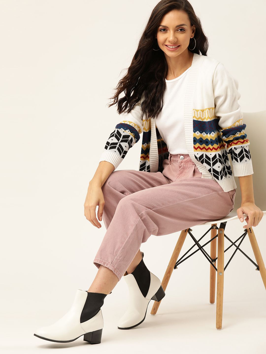 DressBerry Women Off-White & Navy Blue Self Design Open Front Sweater
