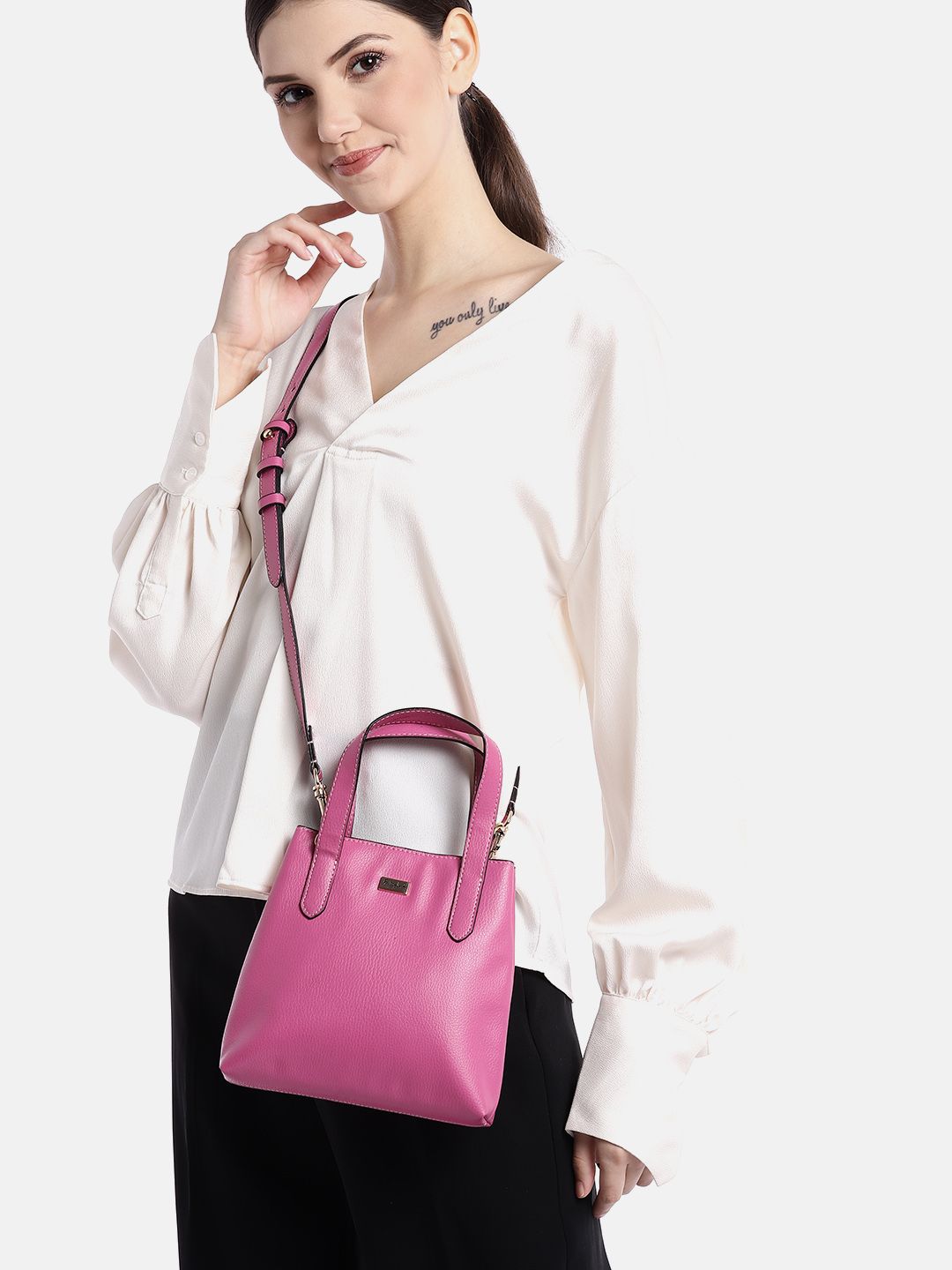 Berrylush Pink Solid Structured Handheld Bag with Detachable Sling Strap