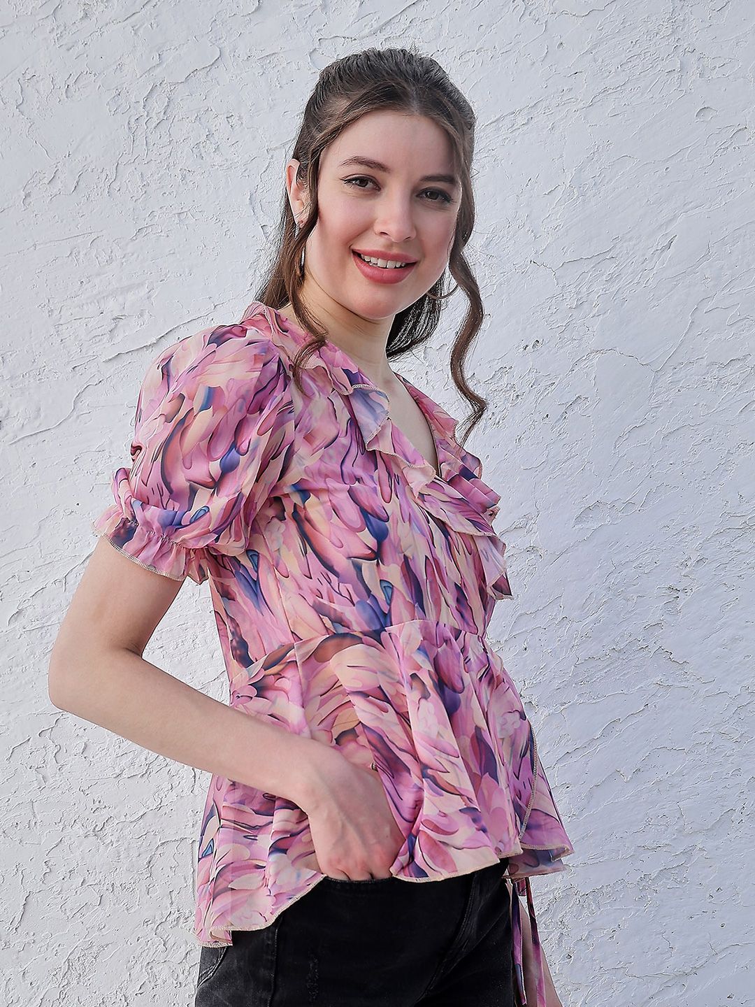 Athena Lavender Floral Printed V-Neck Puff Lengan Ruffles Terperinci