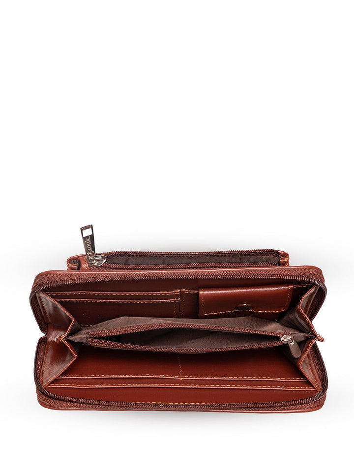 ZOUK Women Navy Blue & Brown Printed Vegan Leather Zip Around Wallet