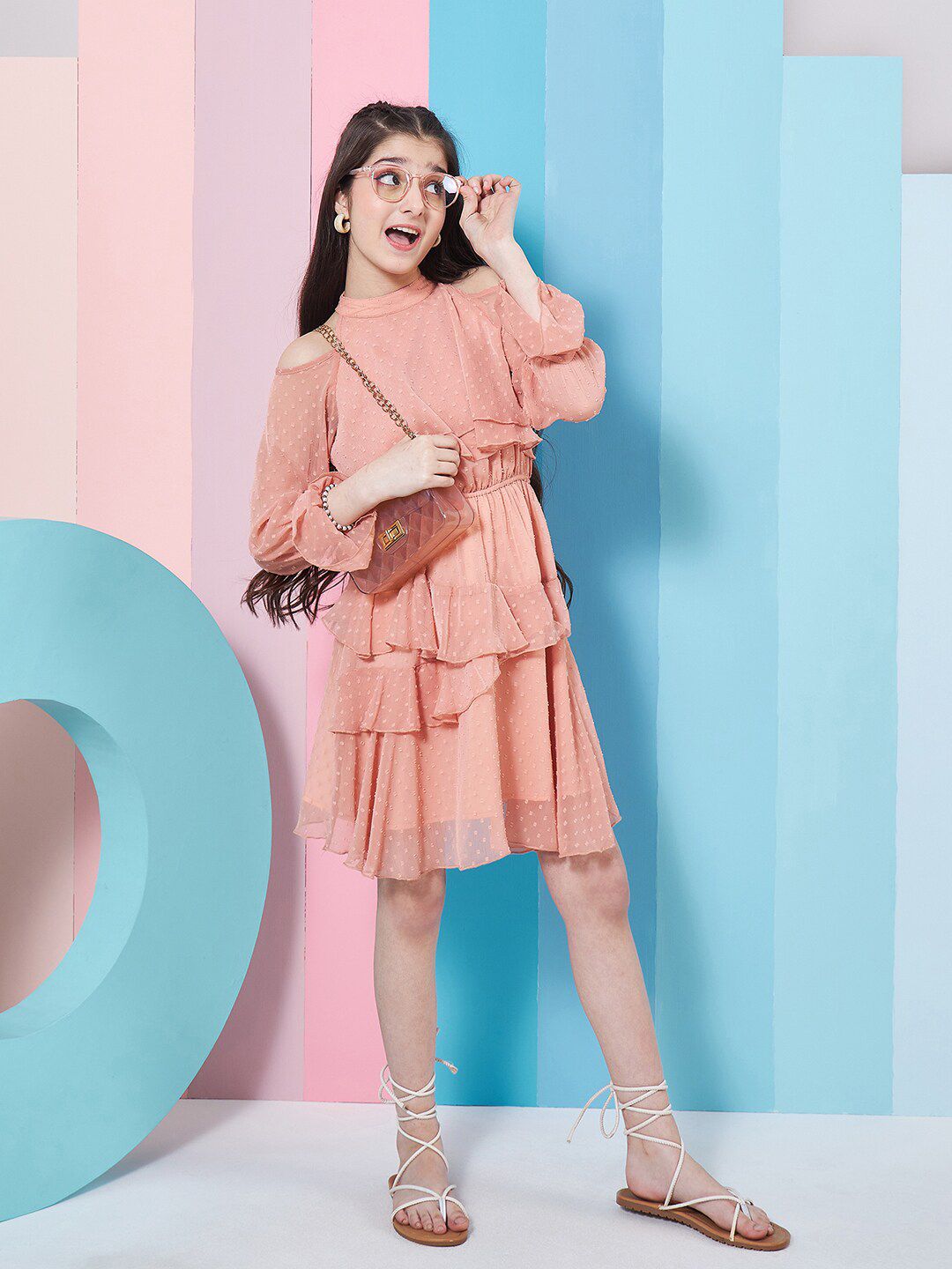 pspeaches Girls Self Design Halter Neck Bell Sleeves Cut Out Layered Ruffled A-Line Dress