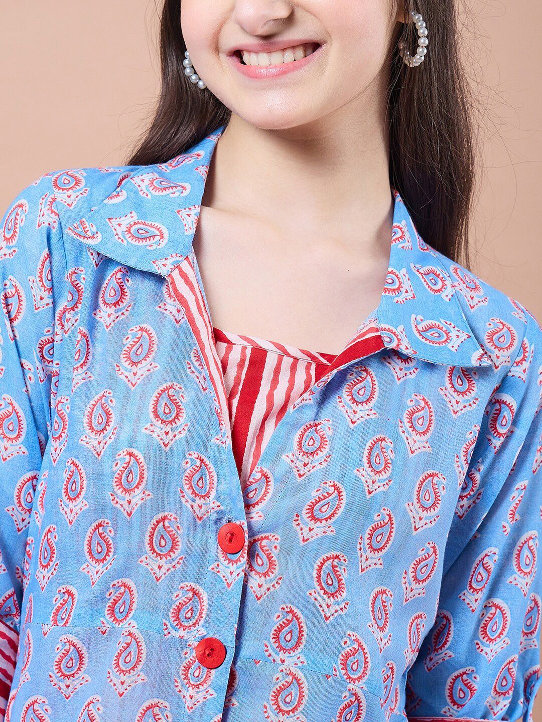 pspeaches Girls Ethnic Motifs Print Cotton  Round Neck A-Line Midi Dress With Shrug