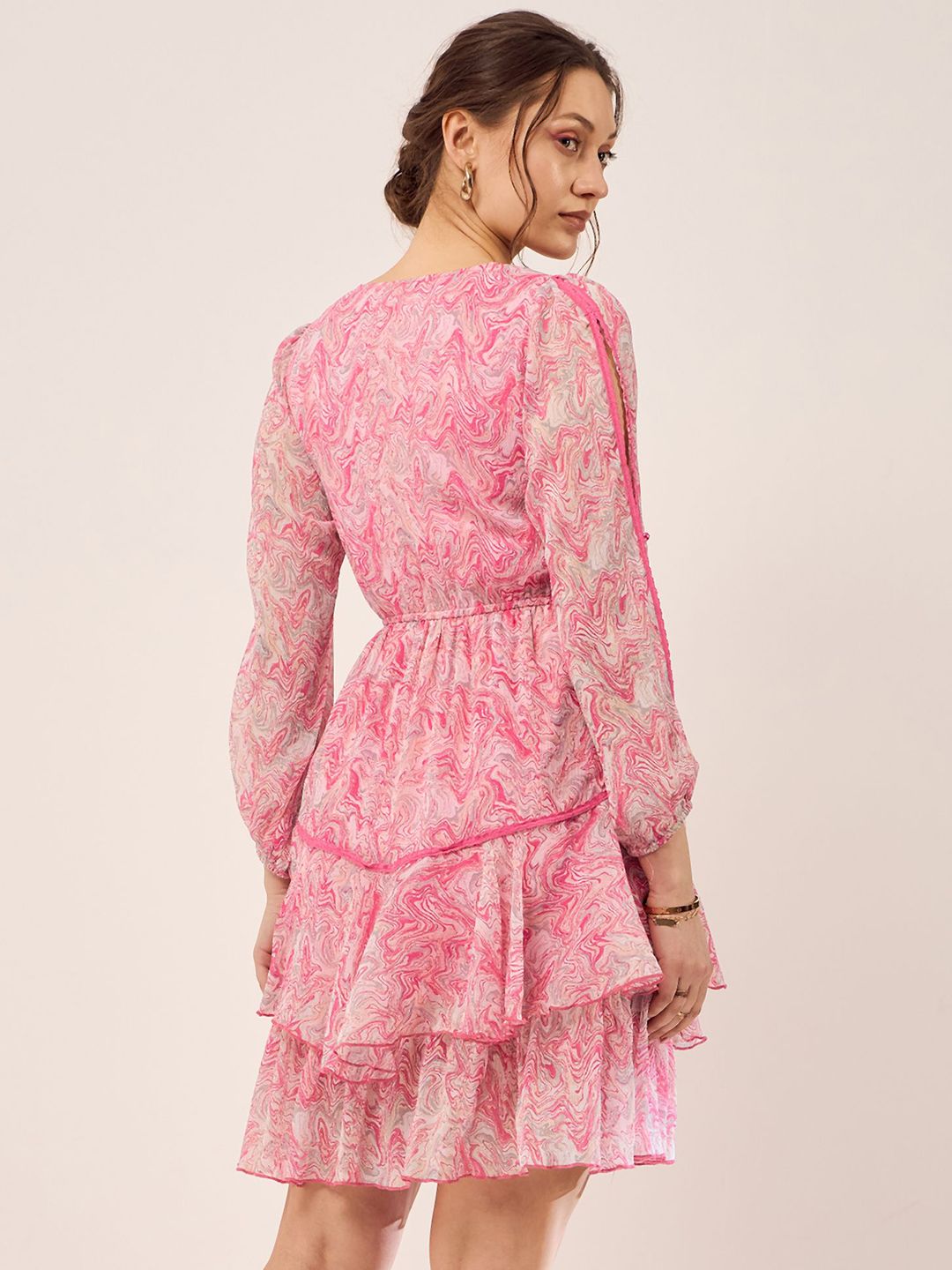 Antheaa Abstract Printed Puff Sleeves Gathered Layered Fit & Flare Dress