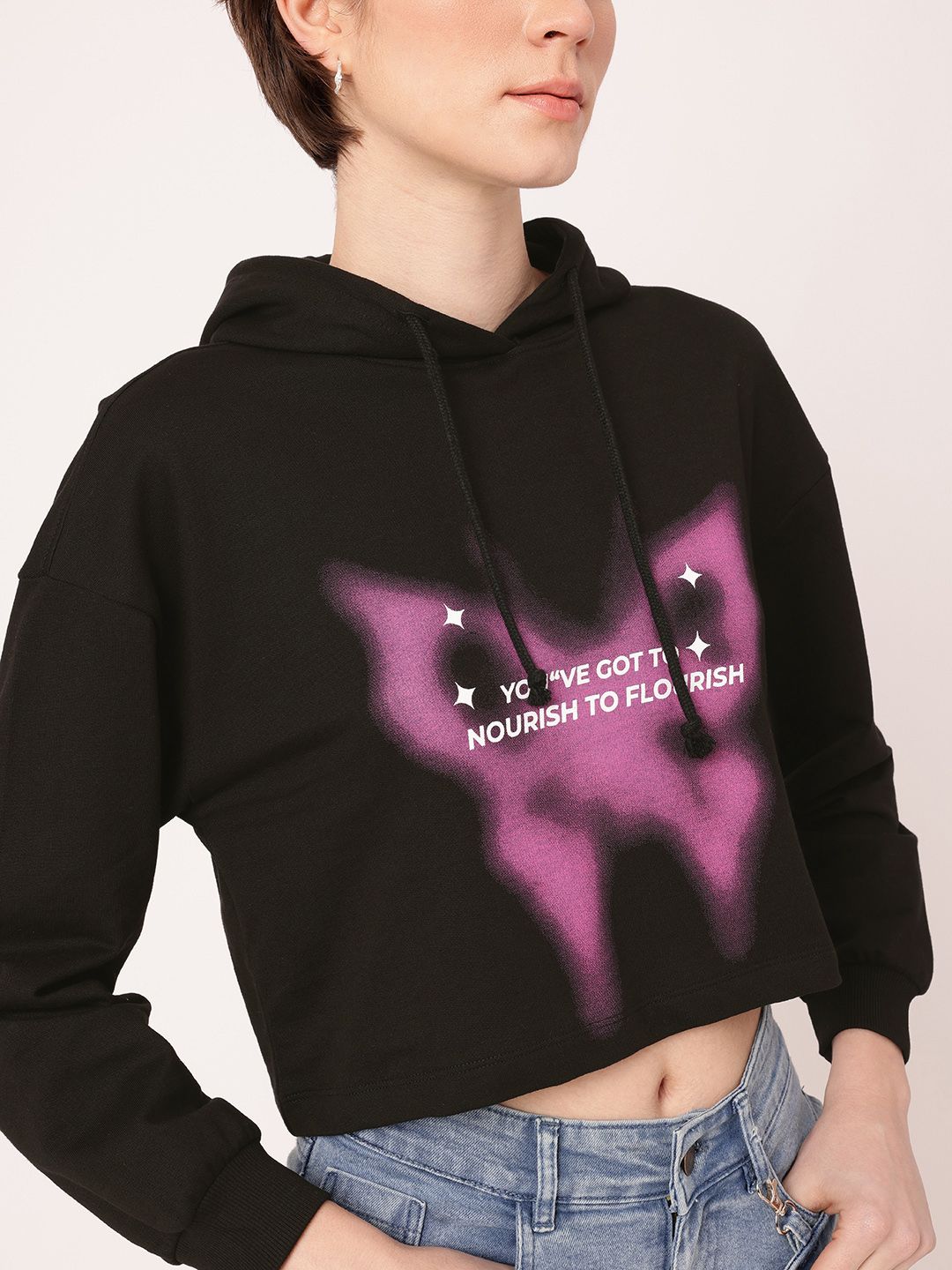 DressBerry Printed Hooded Cotton Terry Relaxed Fit Crop Sweatshirt