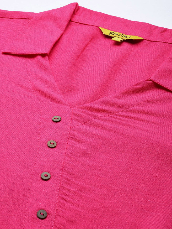 Global Desi Women Pink Solid Shirt Collar Asymmetric Tunic