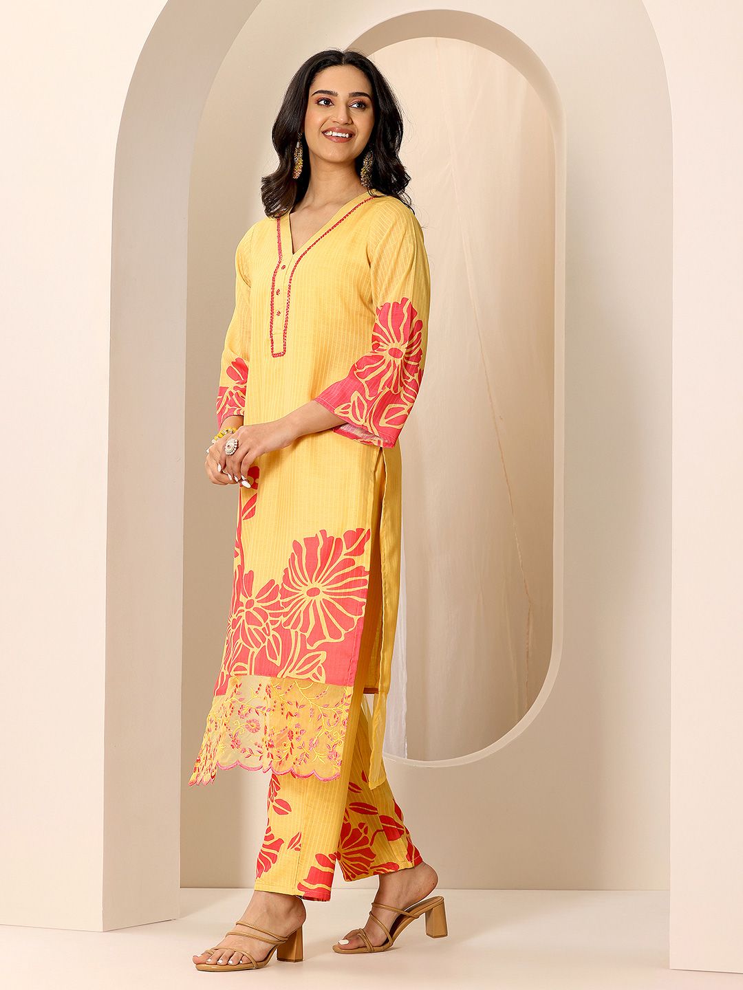 Libas Floral Printed V-Neck Kurta With Trousers And Dupatta