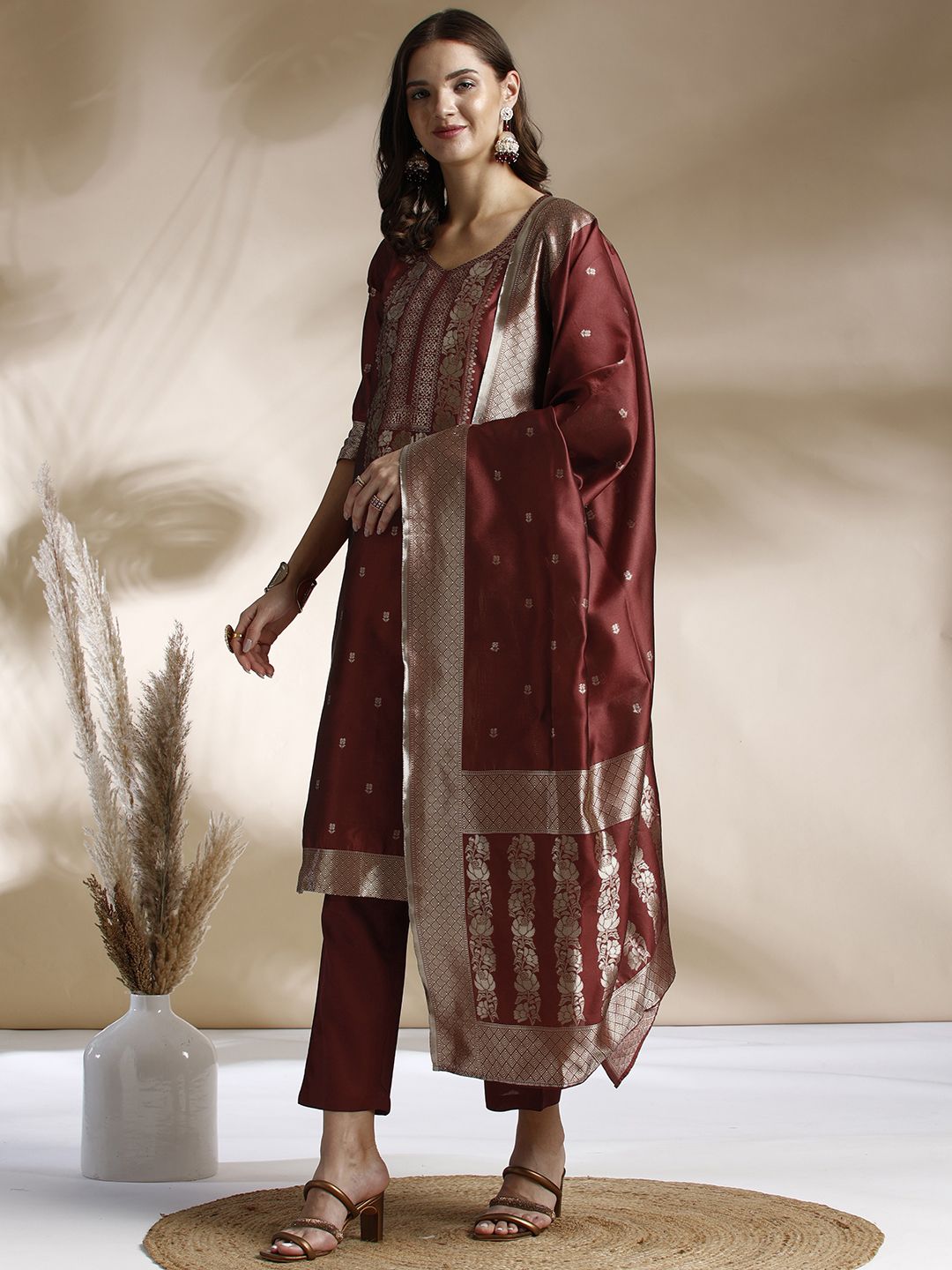 Anouk Zari Woven Design Kurta with Trousers & Dupatta