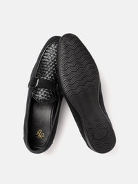 House of Pataudi Men Black Basketweave Textured Handcrafted Leather Loafers