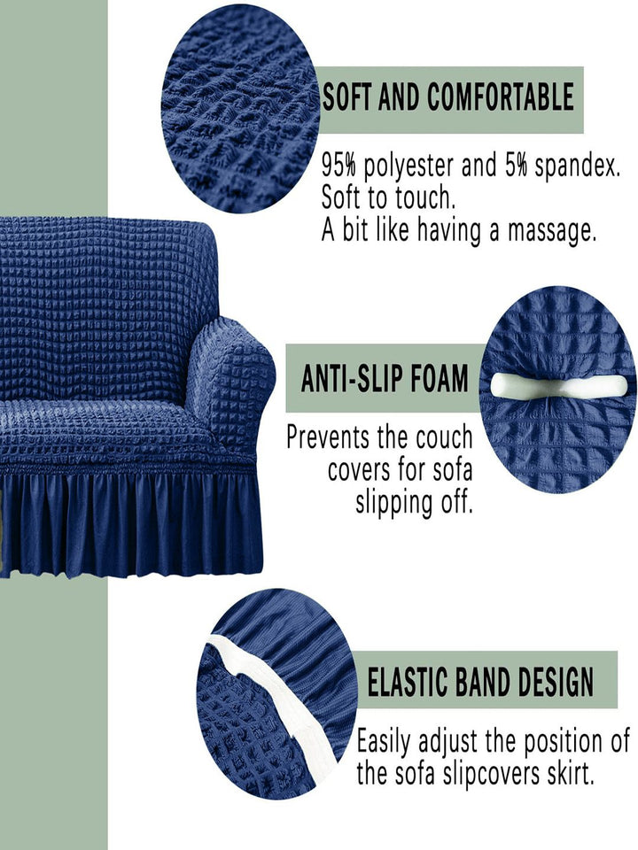 Cortina Navy Blue Ruffle 1-Seater Stretchable Sofa Cover With Skirt