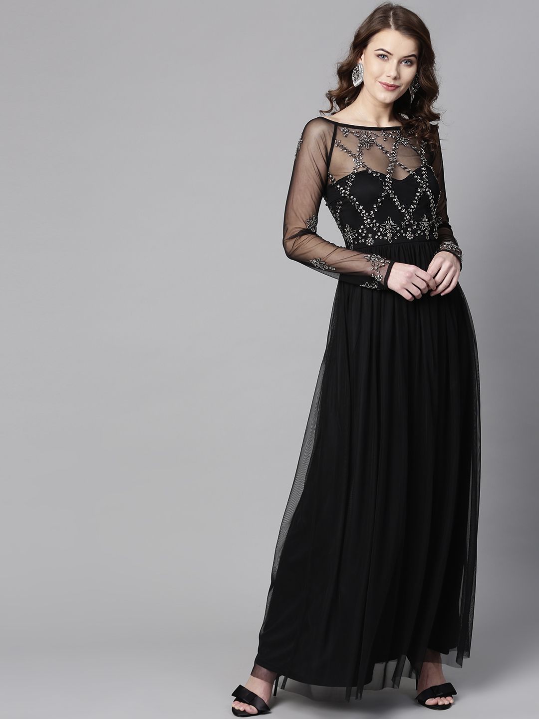 STREET 9 Women Black Solid Maxi Dress with Embellished Detail