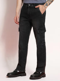 Urbano Fashion Men Black Regular Fit Washed Cargo Jeans With 6 Pockets Stretchable
