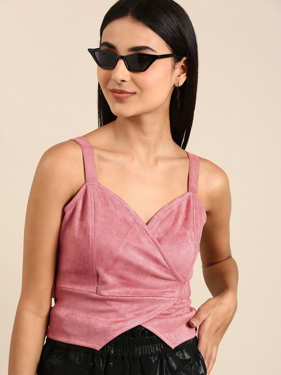 Athena Pink Solid Soulder Straps Wrap Top