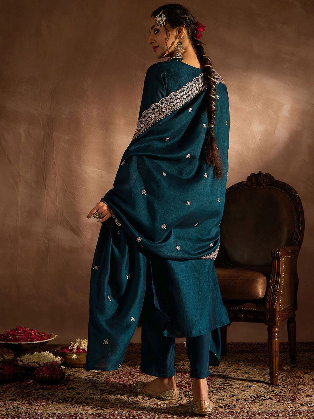 Indo Era Ethnic Motifs Embroidered Regular Thread Work Striaght Kurta Set