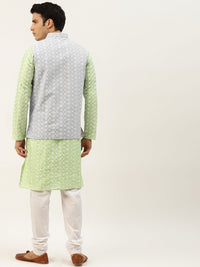 SOJANYA Lelaki Motif Etnik Kelabu & Hijau Kurta Sulam Churidar