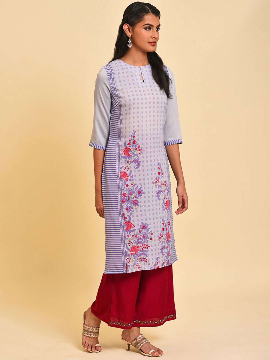 W Women Floral Print Silk Straight Kurta
