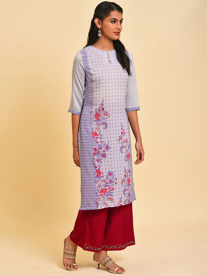W Women Floral Print Silk Straight Kurta