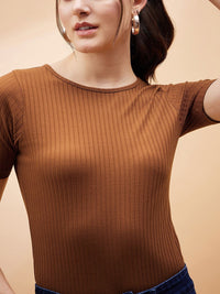SASSAFRAS BASICS Brown Ribbed Round Neck Bodysuit