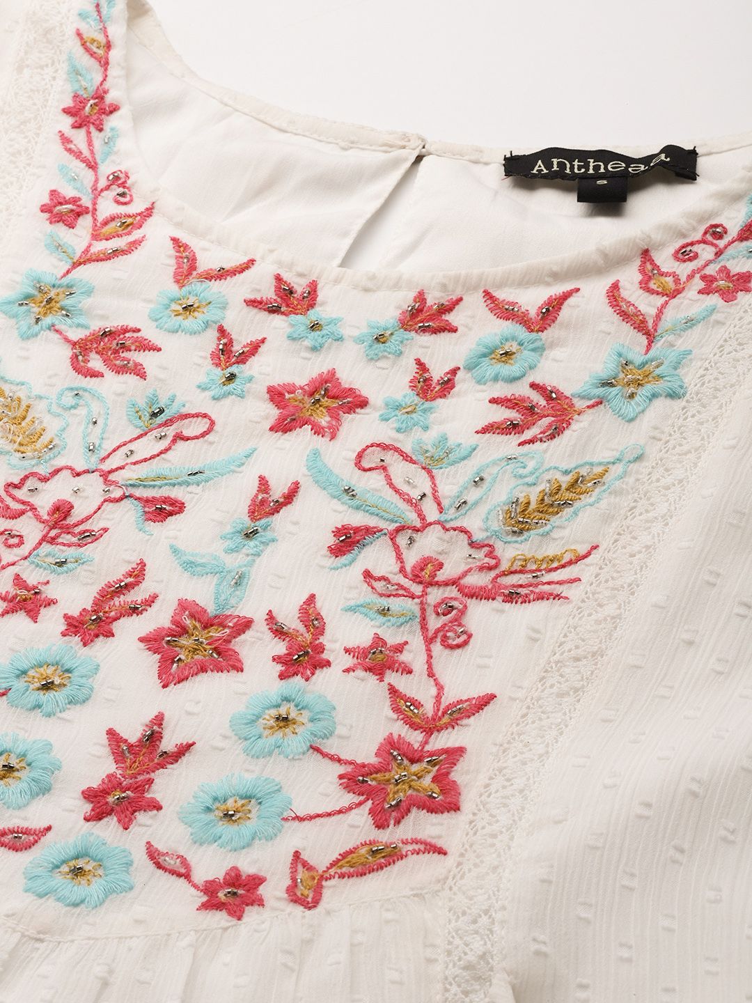 Antheaa White Floral Chiffon Embroidered Laced A-Line Dress